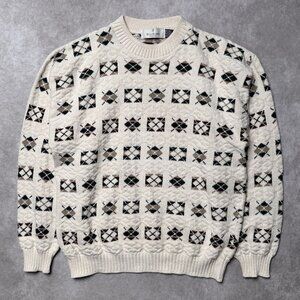 Vintage 90s Bill Blass Made in USA Cream Argyle Sweater